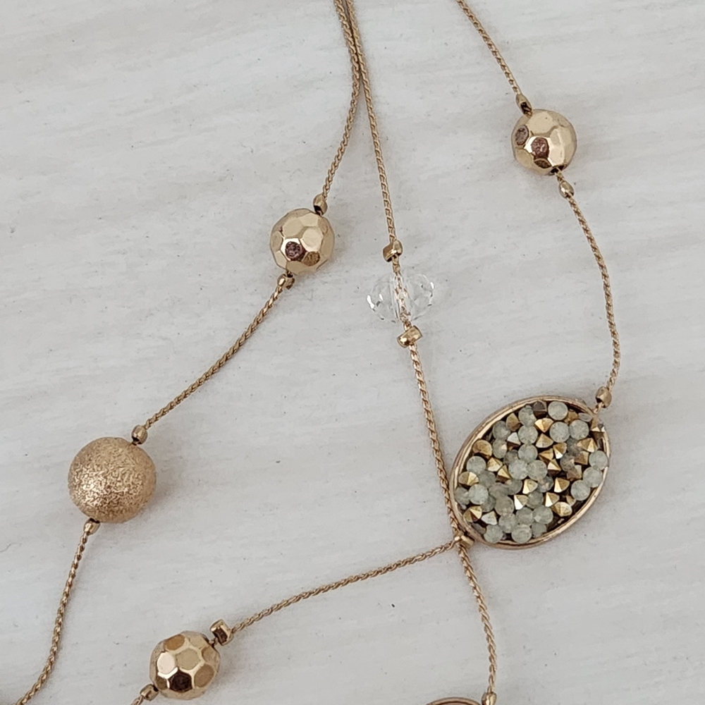 Tiered Druzy Stone and Bead Golden Necklace